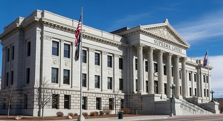 Historic Courthouse Building with Columns and American Flag.