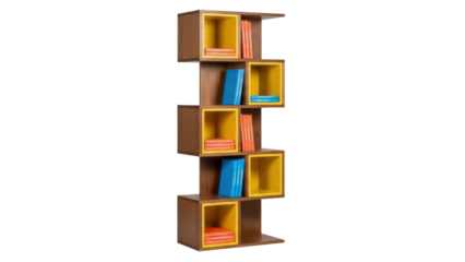 Isolated Bookcase, Brown Wood Shelves, Geometric Design with Colorful Interior, Stylish Home Decor