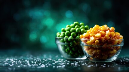 Vibrant green peas and golden corn kernels are displayed in glass bowls, representing healthy eating choices and the colorful diversity of fresh vegetables.
