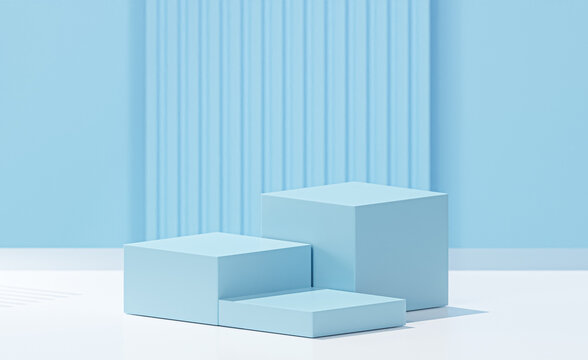 3d rendered 3 cube moonstone blue color, white base color, and stripped light blue sky background