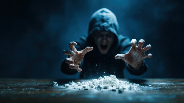 A person in a hoodie reaches for a pile of white powder, symbolizing the struggles and emotional turmoil associated with addiction and substance abuse in a dark setting.