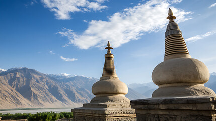 Majestic stupas stand tall against a backdrop of snow-capped mountains and a clear blue sky. The intricate architecture and serene landscape create a captivating vista.