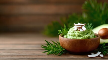 This fresh avocado dip, adorned with coconut flakes and herbs, represents a healthy culinary choice, perfect for gatherings and showcasing vibrant, delicious food photography.