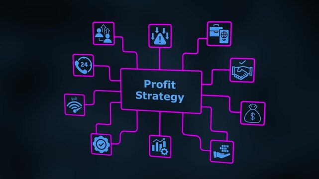 Profit Strategy concept design with neon connected icons showing revenue planning, margin analysis and business financial growth systems.