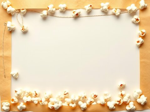 A white rectangle surrounded by popcorn on a brown background