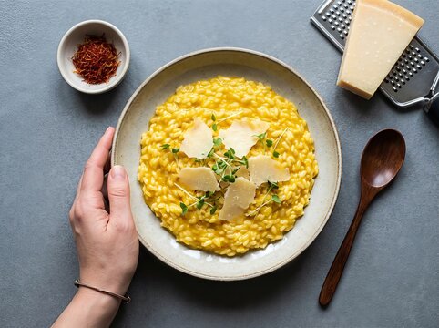 Creamy Saffron Risotto with Parmesan Cheese and Fresh Herbs Served on a Grey Table.