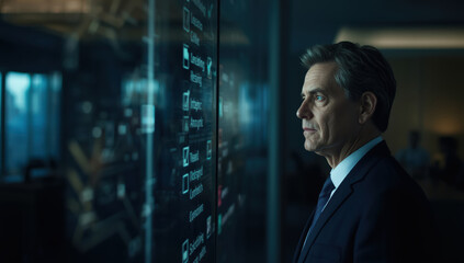 Man in business suit studies digital interface with focused expression in dim office