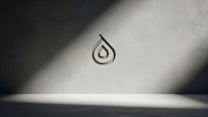 Modern abstract nested water drop symbol embossed on a textured concrete wall, illuminated by dramatic light casting strong shadows.