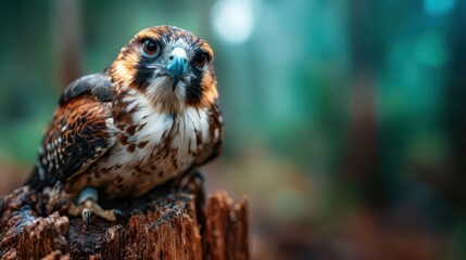 A close-up shot of a majestic owl, poised on a tree stump, surrounded by a misty forest backdrop, showcasing its wise and captivating gaze in nature.