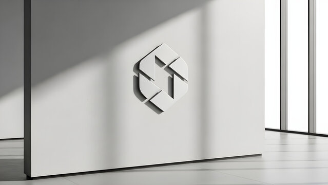 Modern Geometric 3D Logo Identity Emblem on a Clean White Wall with Natural Light Casting Dynamic Shadows in a Contemporary Office Interior