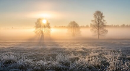 Golden Sunrise Over a Frosty Field with Silhouetted Trees.