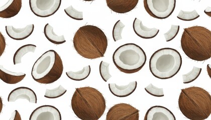 Obraz premium Seamless repeating pattern of tropical coconuts, halves, and slices, digitally illustrated in bright brown and white tones floating on a clean background.