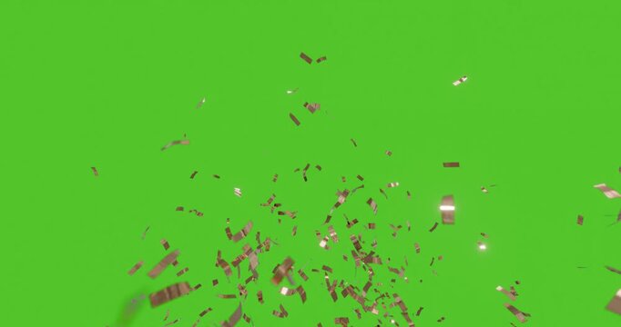 Gold Confetti Burst on Green Screen Background, 4K 60fps Chroma Key Footage with Sequential Explosions from Bottom Right then Bottom Left, Falling Metallic Particles for Celebration and Event Videos
