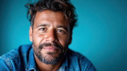 Obraz premium A close-up portrait of a confident man with stylish hair, exuding warmth and charisma against a vibrant blue background, perfect for representing personal branding.
