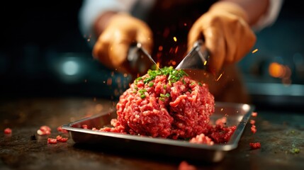 A chef skillfully chopping raw ground meat with precision, emphasizing the art of culinary preparation and the passion for quality ingredients in a professional kitchen.