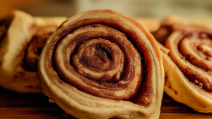 Fototapeta premium Close-up of freshly baked cinnamon rolls with rich swirls and a warm golden texture on a wooden surface.