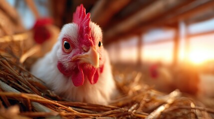 A close-up of a curious chicken resting comfortably in a straw nest, illuminated by soft sunlight streaming in, conveying warmth, homeliness, and an intimate connection with farm life.