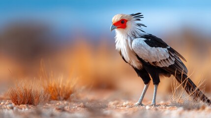 A striking secretary bird stands on a sunny day, showcasing its distinctive plumage and poised posture, representing the beauty and rarity of avian species.