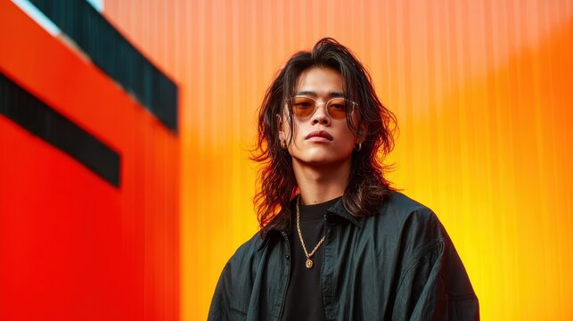 A stylish young man poses confidently with sunglasses against a vibrant, multicolored background, embodying modern fashion and youthful energy in urban life.