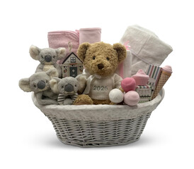 Charming Blue Baby Gift Basket with Koala Plush Toys , Little Koalas and Floral Accents Rose-Shaped Cloths  Cut-Out Clipping Path With Adobe Photoshop Pen Tool . PNG Transparent Gift Box Toy Hamper