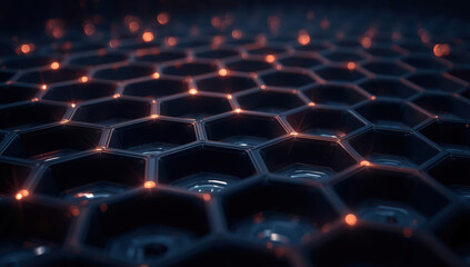 Obraz premium Futuristic dark hexagon grid with glowing orange nodes and reflective surfaces, moody atmosphere