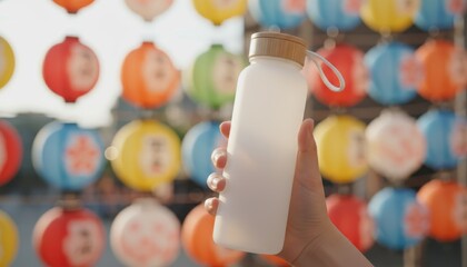 A bright, colorful close-up shot with shallow focus highlights a hand holding a sustainable frosted water bottle against a backdrop of traditional asian festival lanterns.