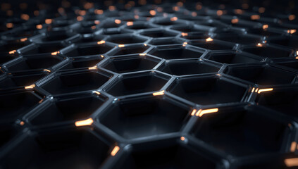 Obraz premium Futuristic hexagon grid with glowing copper highlights and glossy black surface, sleek modern
