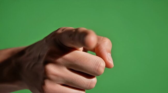 A strong hand pointing directly at the viewer with a decisive gesture against a vibrant green screen background