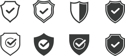 Security protection shield icon set: verified safety check mark symbols, data privacy guard, and insurance guarantee vector elements © Billal