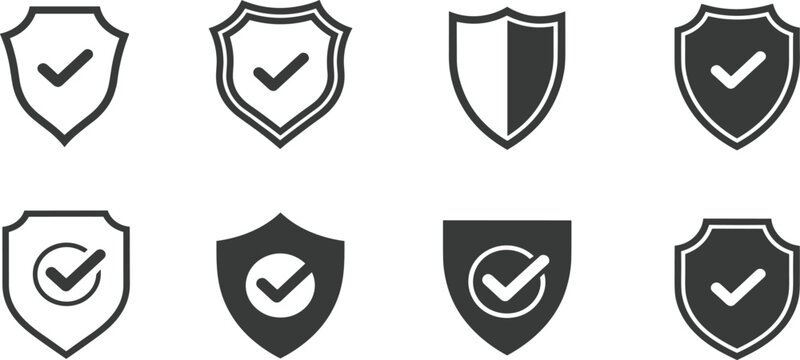 Security protection shield icon set: verified safety check mark symbols, data privacy guard, and insurance guarantee vector elements
