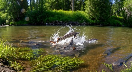 Salmon Jumping Upstream in a Lush Forest River.