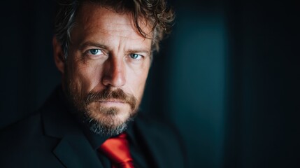 Obraz premium A striking portrait of a man in a black suit exuding confidence and determination, captured against a dark backdrop, emphasizing strength and charisma in his expression.