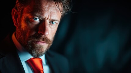 Fototapeta premium A dramatic portrait of a serious businessman, featuring a piercing gaze and a well-groomed beard, showcasing confidence in a dark environment with backlighting effects.