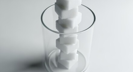 A precise vertical stack of white sugar cubes rises out of a clear glass, creating a stark, high-key minimalist composition in this studio close-up.