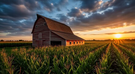 Rustic wooden barn in a vibrant cornfield at sunset with dramatic sky.