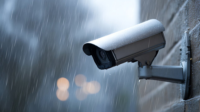 Security camera in rain, vigilance endures, blurring lights in background. Safety focus in any weather, monitoring, and security. Raindrops on the lens, watchful.