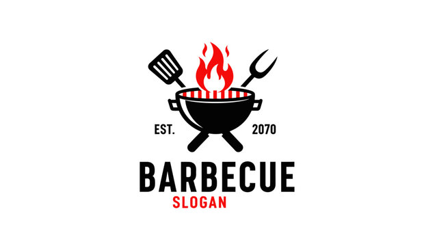Vintage Barbecue Grill Logo with Flames and Utensils.