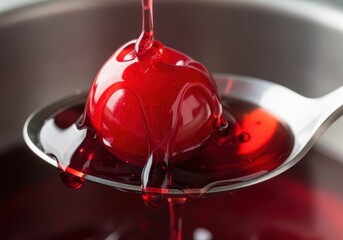 A vibrant, deep red maraschino cherry is being thickly coated with sweet syrup, captured in a detailed macro shot on a reflective silver spoon against a metallic kitchen background.