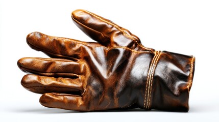 A detailed view of a sturdy, brown leather glove, symbolizing durability and protection, ideal for various tasks involving handling and craftsmanship.