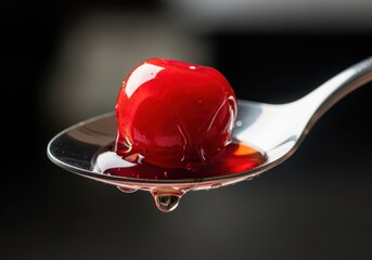 An extreme macro close-up captures a rich red maraschino cherry dripping sweet syrup from a silver spoon against a moody black background.
