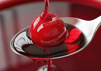 A glistening maraschino cherry is slowly coated in thick syrup on a silver spoon, captured in a vivid macro shot, emphasizing the rich red indulgence against a soft background.