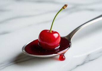 A dramatic close-up shot captures an elegant, ripe red cherry resting on a silver spoon filled with rich, deep red syrup, dripping onto the luxurious marble background.