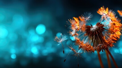 Delicate dandelion seeds floating in the air, captured against a mesmerizing blue backdrop that symbolizes hope, freedom, and the beauty of nature's transient moments.