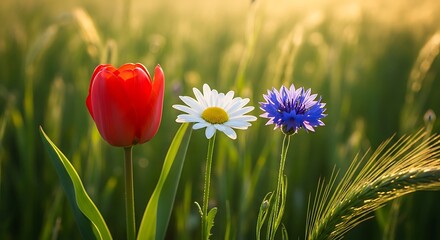 Three wildflowers in a field at sunset.
