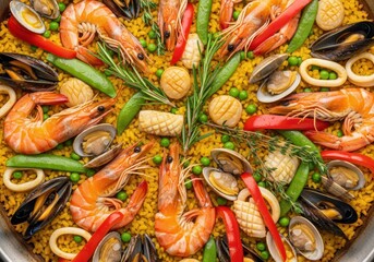 A vibrant high-angle close-up showcases a rich yellow, appetizing seafood paella, generously topped with fresh shrimp, mussels, and clams, served hot in a traditional spanish pan.
