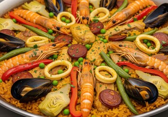 A close-up, high-angle view captures a richly presented, vibrant seafood paella featuring prawns, mussels, and squid rings, emphasizing its warm colors.