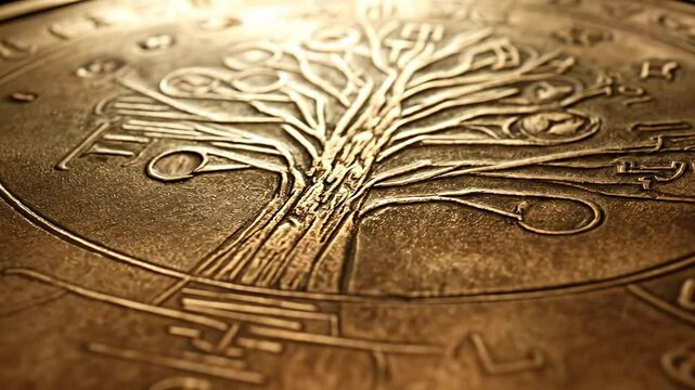 Close-up of Elaborately Engraved Bronze Artwork Featuring a Tree Design with Intricate Textures and Swirling Patterns, Showcasing Artistic Mastery and Detail