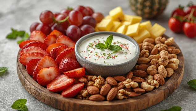 Fresh fruit and nut snack board with yogurt dip, strawberries, grapes, cheese and mint