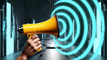 Dynamic 3d render of a hand holding a bright yellow megaphone emitting urgent blue sound waves inside a dark, futuristic high-tech corridor.