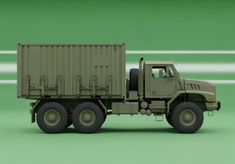 A detailed 3d rendering of a heavy-duty, olive green military cargo truck hauling a container, presented in side view against a clean green studio background.